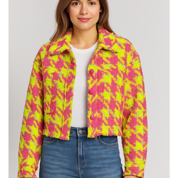 Main Strip Tweed Jacket Women S Neon Yellow Pink Houndstooth Cropped Maximalist - Picture 1 of 10